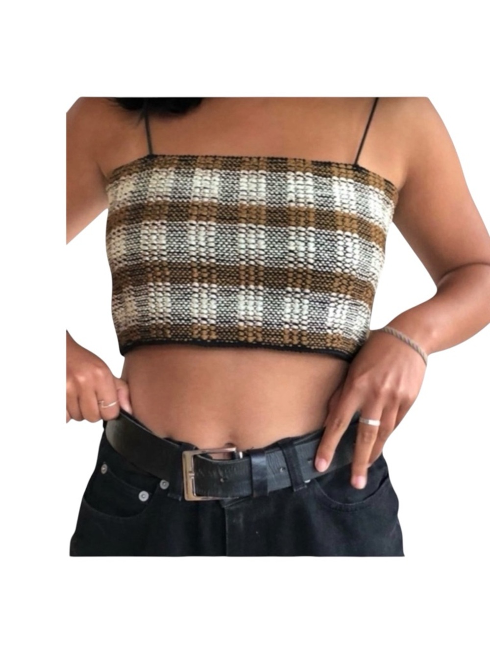 URBAN OUTFITTERS Plaid Crop Top in Black, Brown & Tan, Size S.